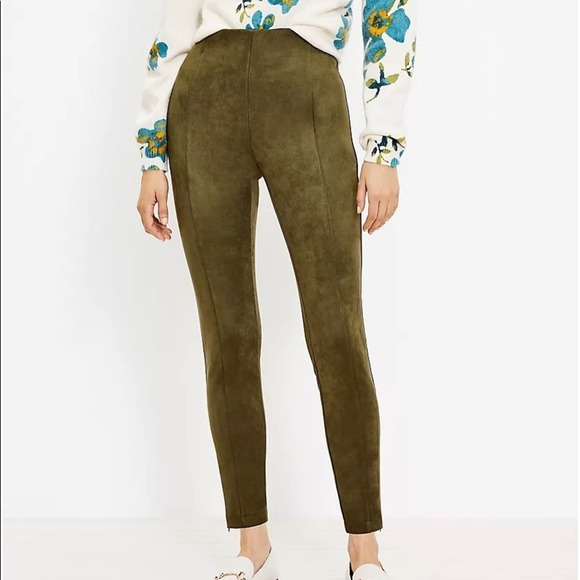LOFT NWT Faux Suede Ankle Zip Leggings Trousers Olive Green Medium Preppy - Picture 1 of 8